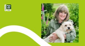 Photo of Doreen Graham, MBE, and Charlie the dog on a green background with EDCH logo and graphic