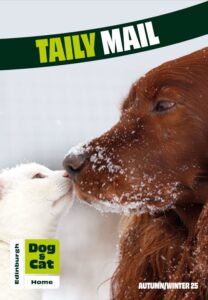 Dog and cat with snow on their muzzles touching noses - text reads: Taily Mail, Autumn/Winter 25