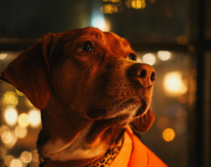 dog sitting in front of fairly lights in the background